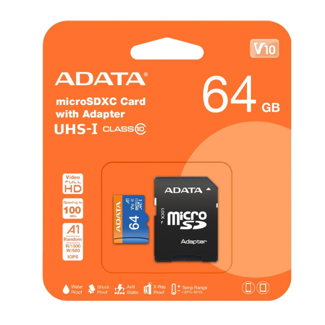 AData AUSDX64GUICL10-RA1/ class 10 Micro SD Card 64GB + SD adapter